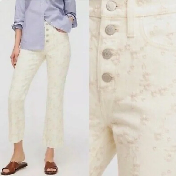 J Crew Billie Demi Boot Cut Crop Cream Floral Embroidered Jeans Size 26 - Picture 10 of 13